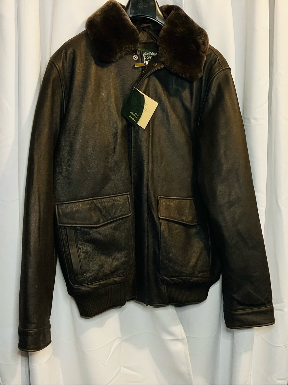 Eddie Bauer AVIATOR Jacket Leather Goose Down NWT Size L TALL Bomber